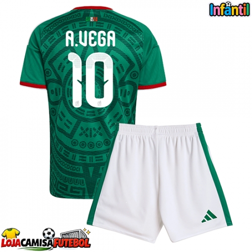 Camisa de Futebol México Alexis Vega #10 Equipamento Principal Infantil Mundo 2026 Manga Curta (+ Calças curtas)